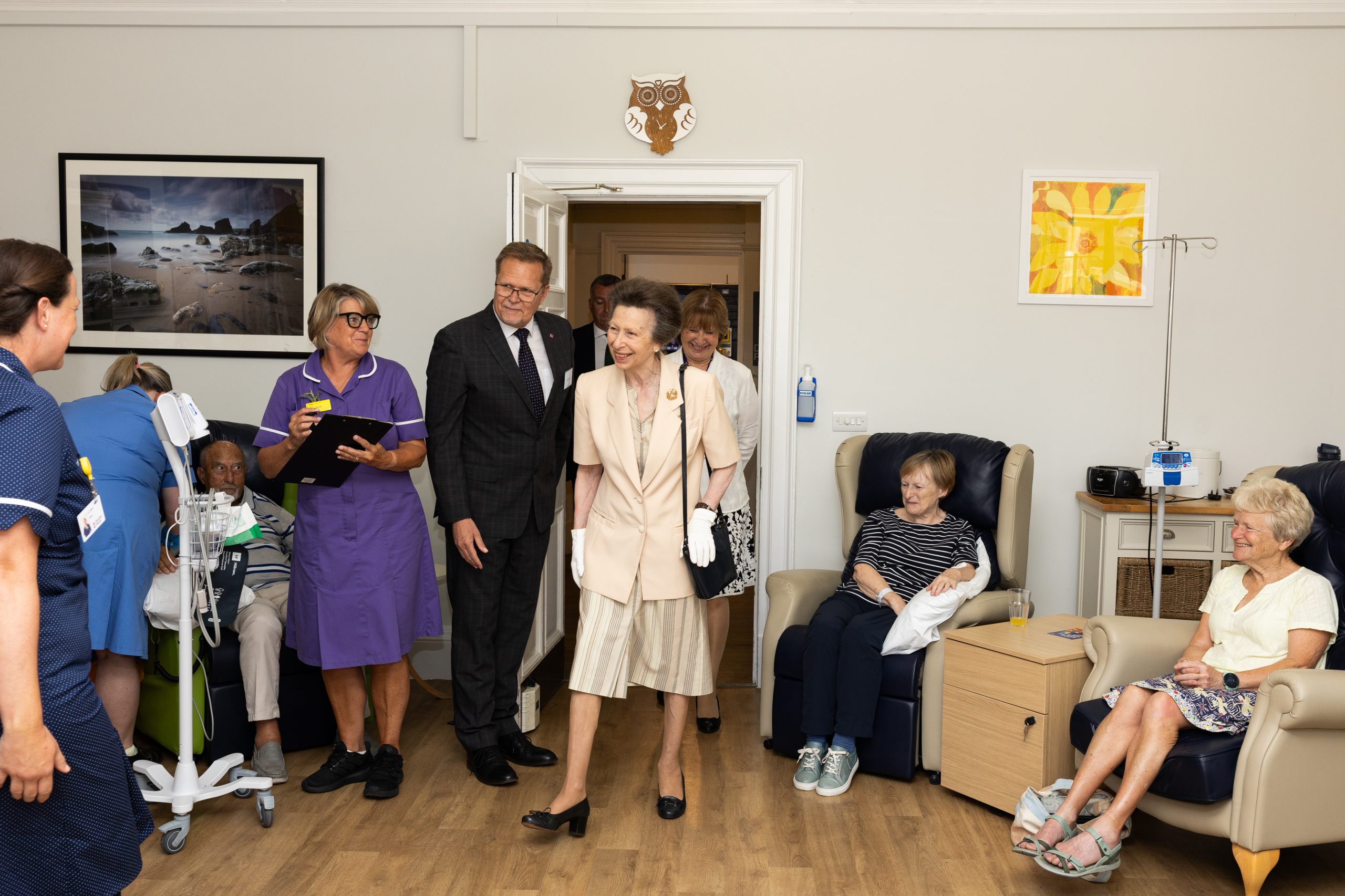 Her Royal Highness The Princess Royal meeting patients on the Day Services Unit, alongside Dorothy House CEO Wayne de Leeuw